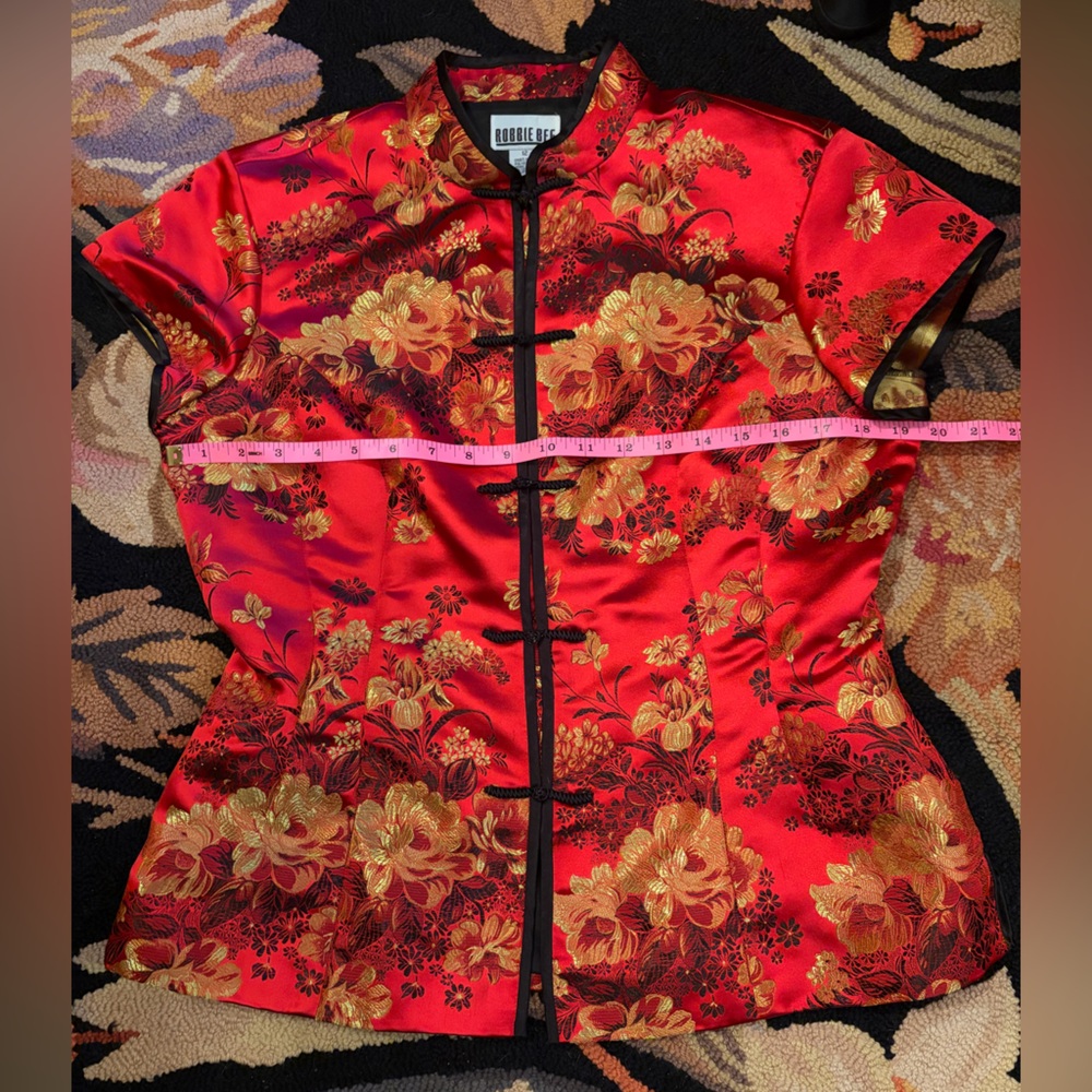 Robbie Bee Red and Gold Satin Floral Mandarin Collar Top